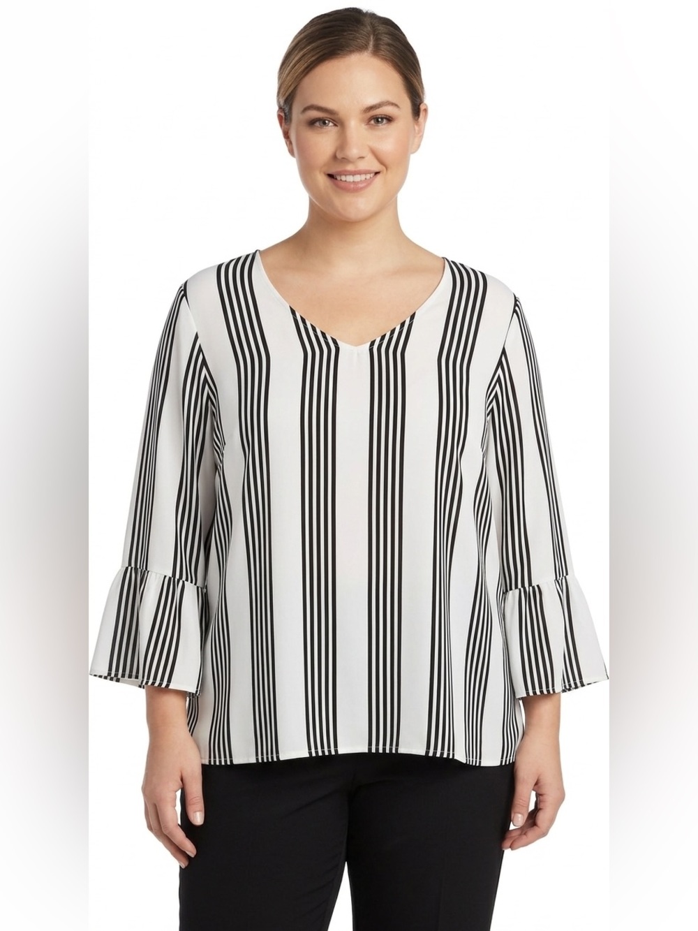 Como Black Striped Black and White Women's Top Ruffled Cuffs Size 2X